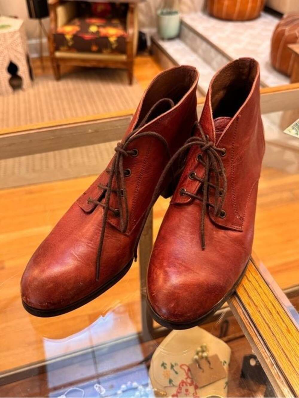 Women's Lace-Up Leather Ankle Booties in Deep Red